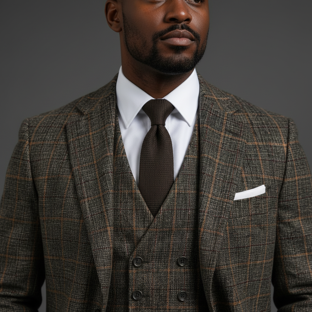 Saboo Olive Green Plaid 3-Piece Suit – Collar, Tie and Pocket Square Detail