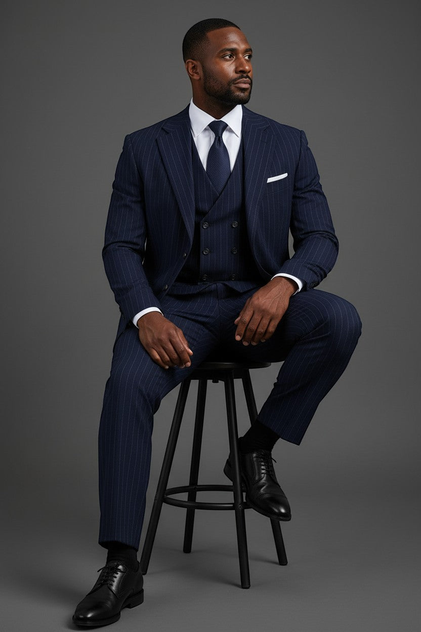 Saboo Navy Pinstripe 3-Piece Suit – Seated Lifestyle Shot