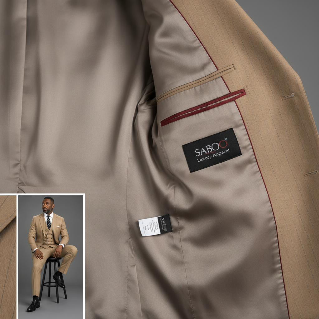 SABOO DB5200 camel suit interior lining and SABOO Luxury Apparel brand label close-up