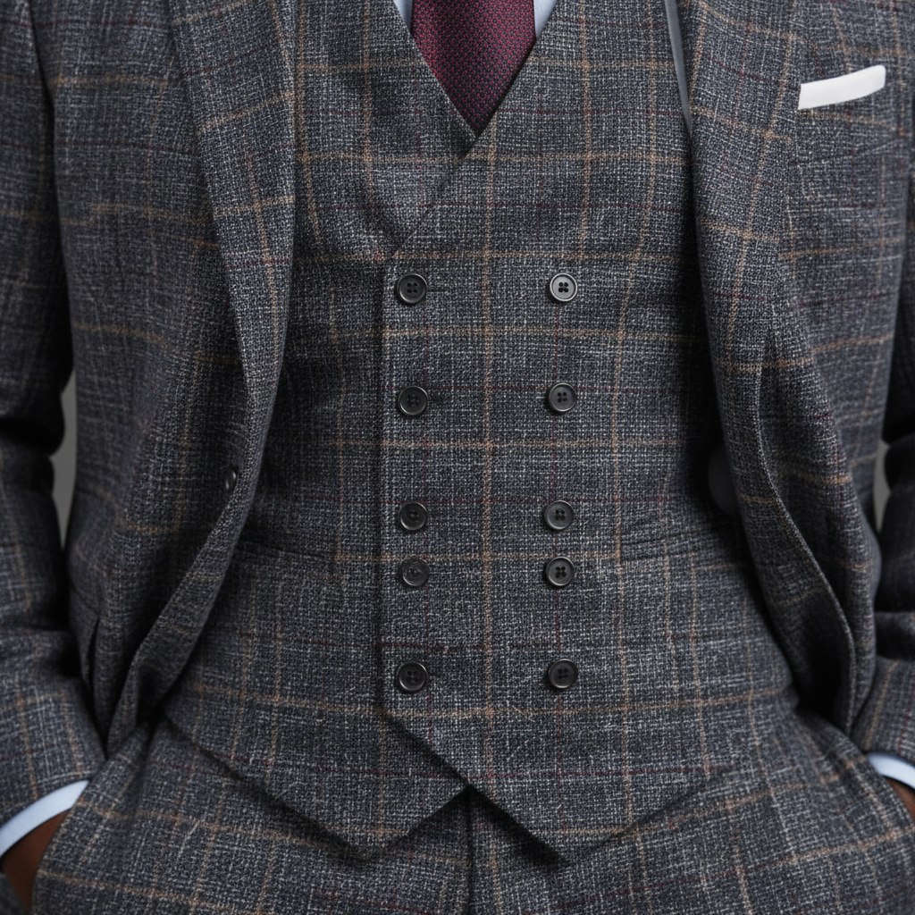 Saboo Navy Plaid 3-Piece Suit – Vest Button Detail
