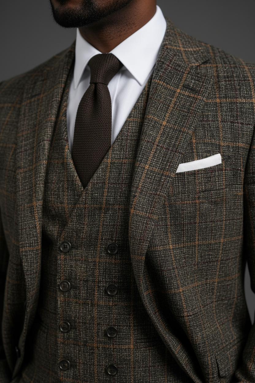 Saboo Olive Green Plaid 3-Piece Suit – Double-Breasted Vest Detail