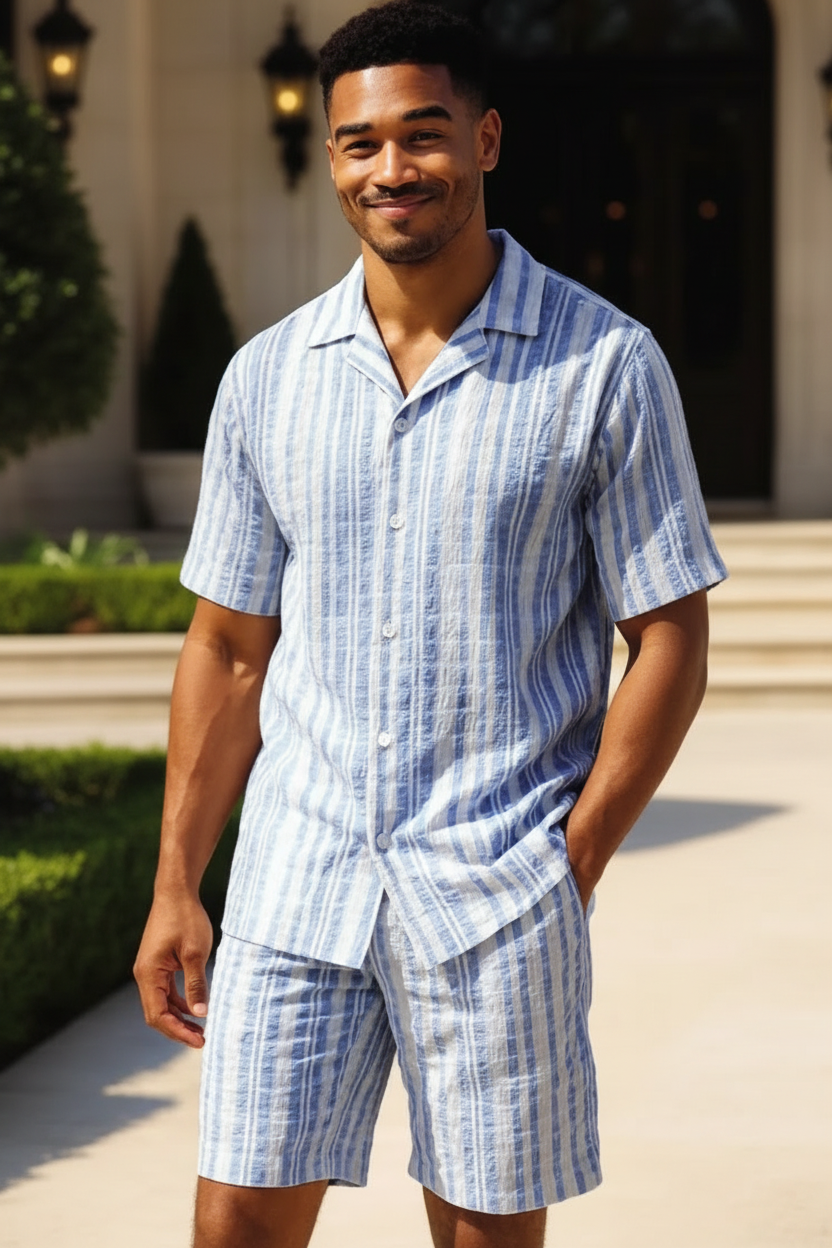 Stacy Adams 2pc Short Set 98002 in Light Blue — men's striped camp collar short set worn by model