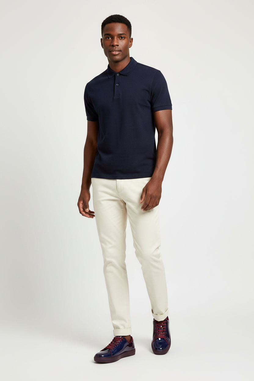Man wearing Santino Luciano S441 solid navy patent leather sneaker with cream tailored trousers