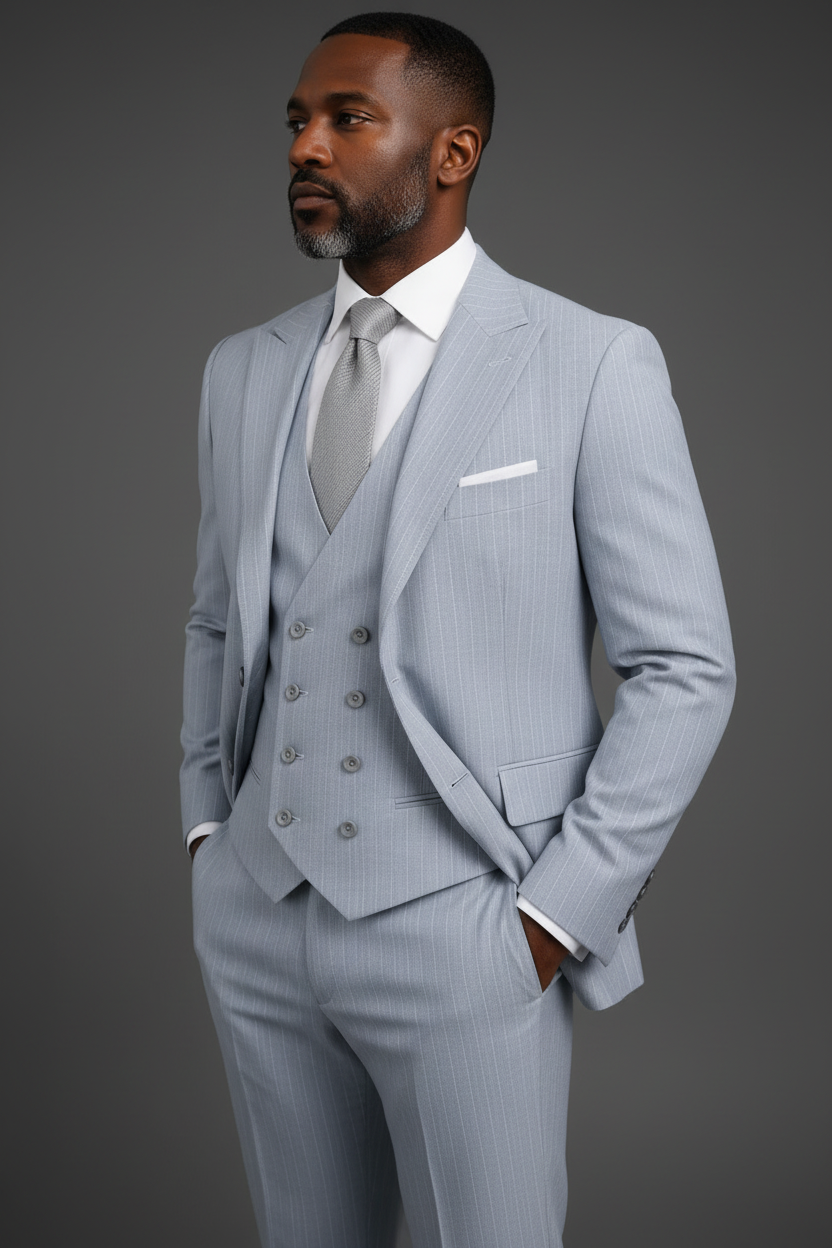 Saboo Ice Grey Pinstripe 3-Piece Suit – Angled Front View