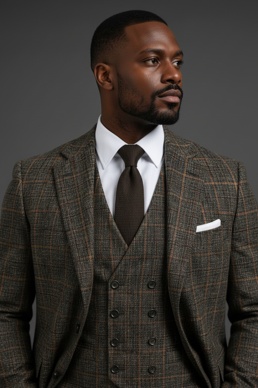 Saboo Olive Green Plaid 3-Piece Suit – Angled Torso View