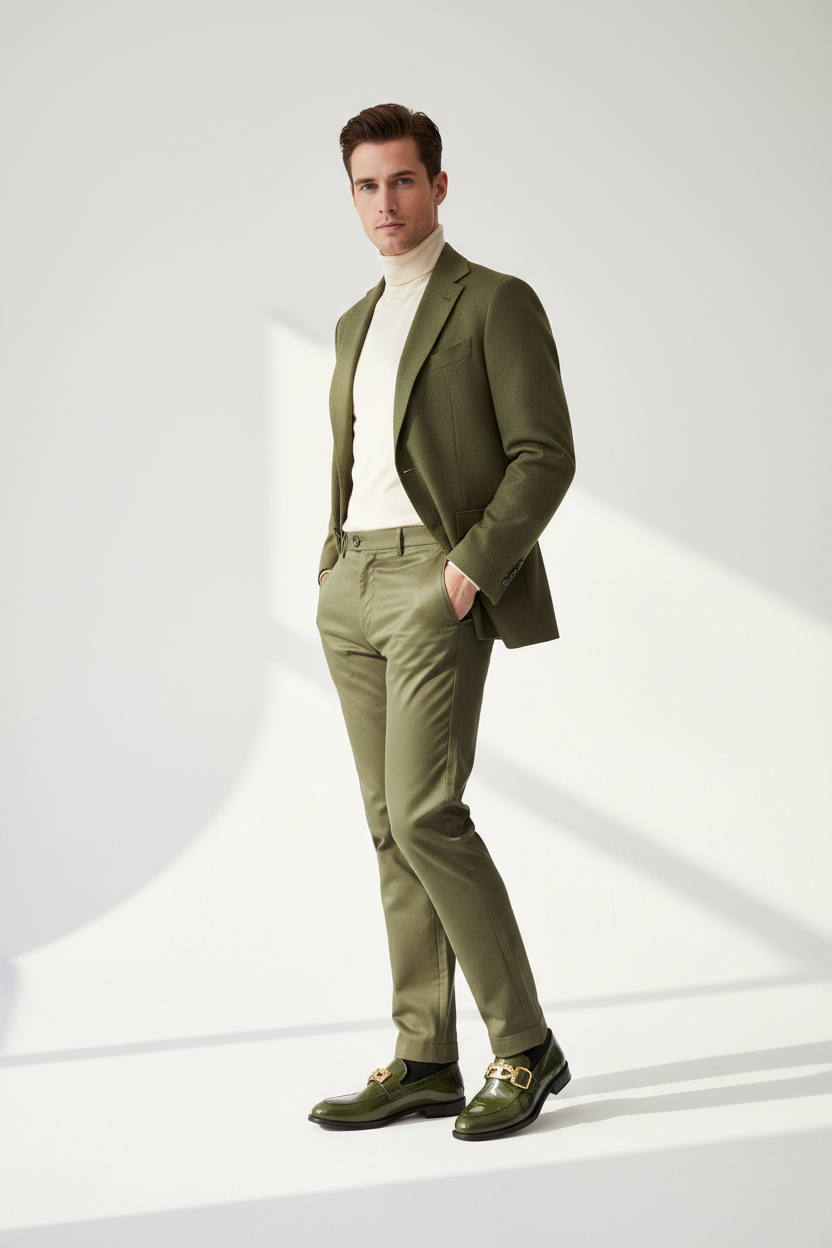 Man wearing olive green Carrucci KS515-38P patent leather monkstrap loafer with gold buckle