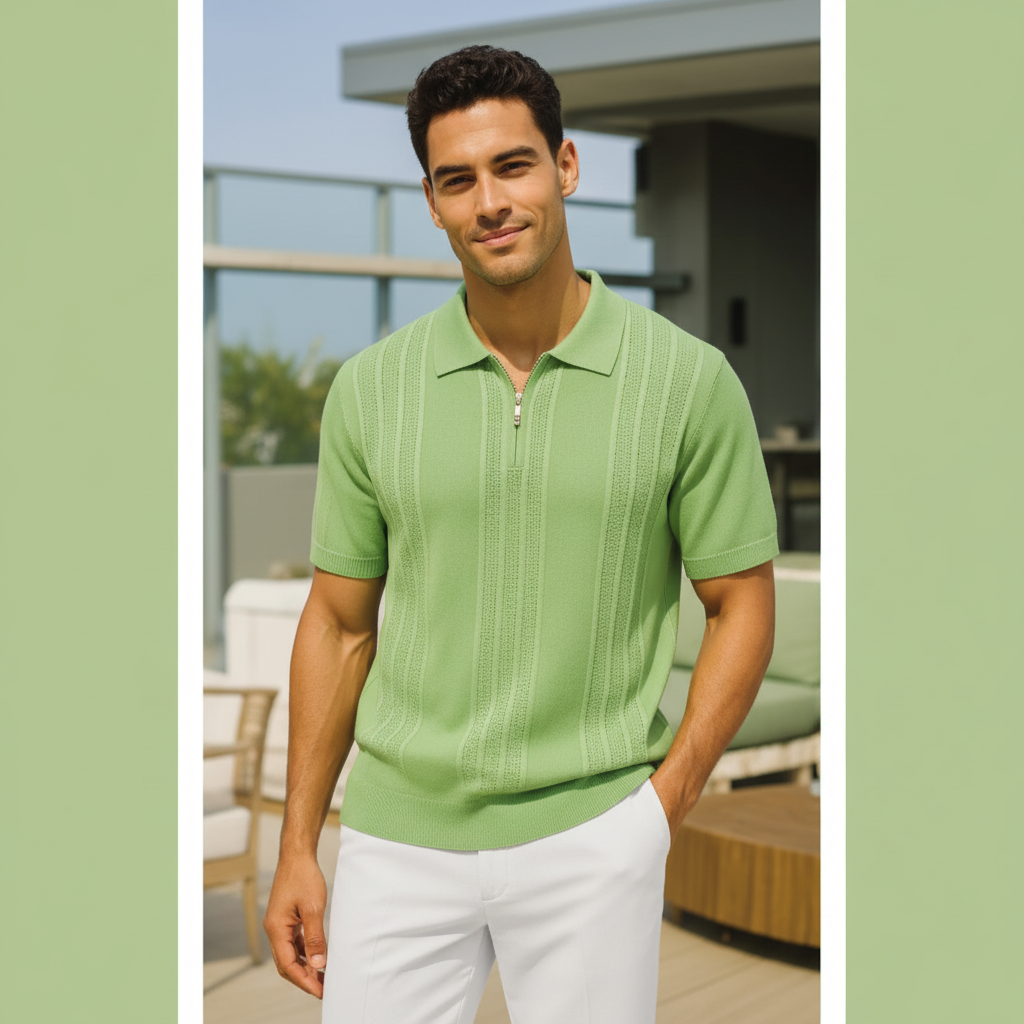 Stacy Adams Knit Zip Polo 21056 in Sage Green