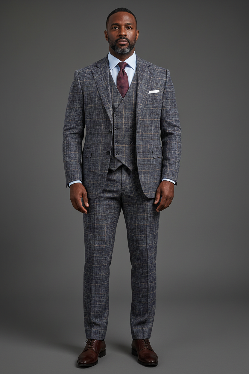 Saboo Navy Plaid 3-Piece Suit – Full Front Standing View