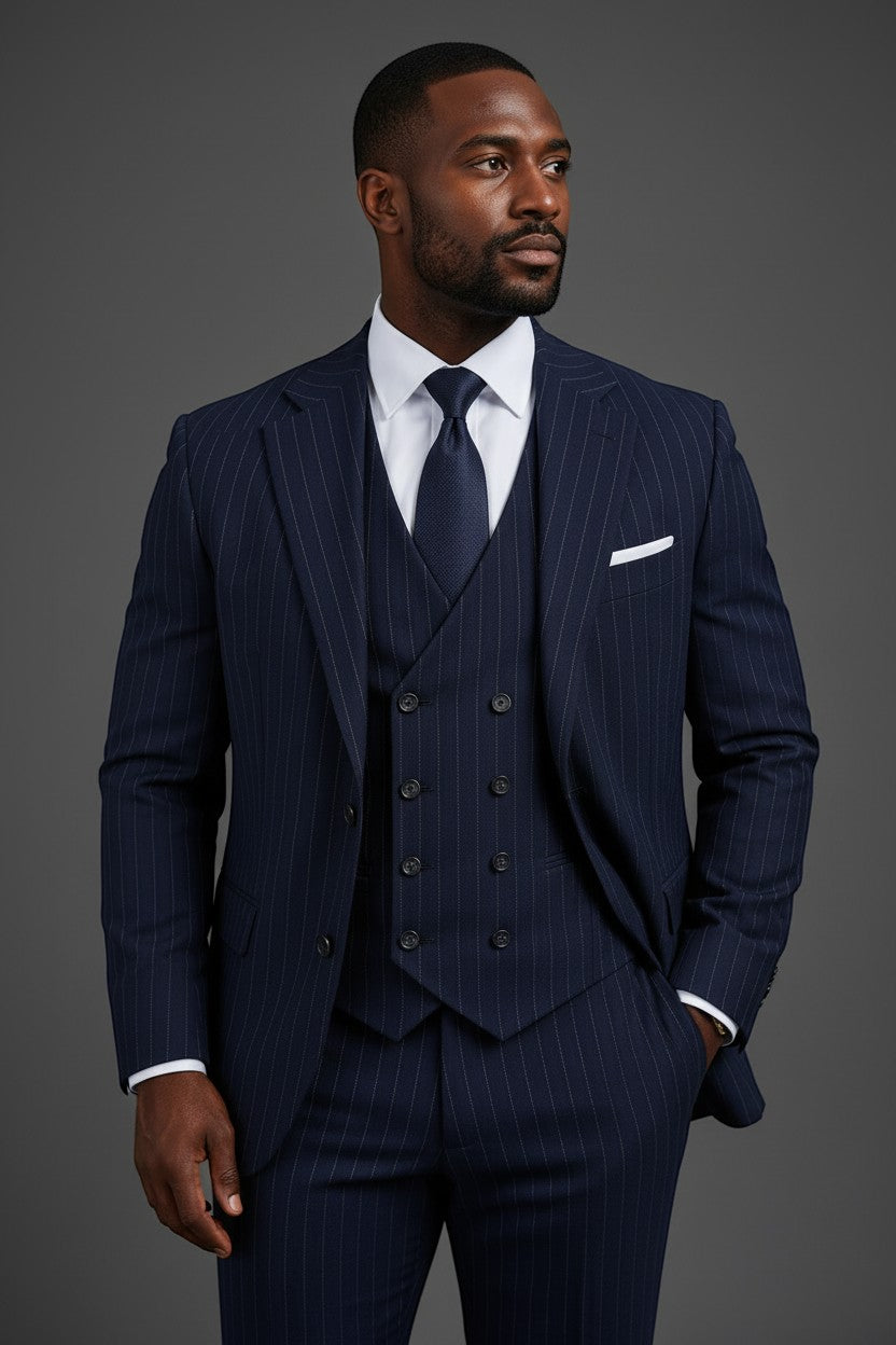 Saboo Navy Pinstripe 3-Piece Suit – Torso and Chest Close-Up