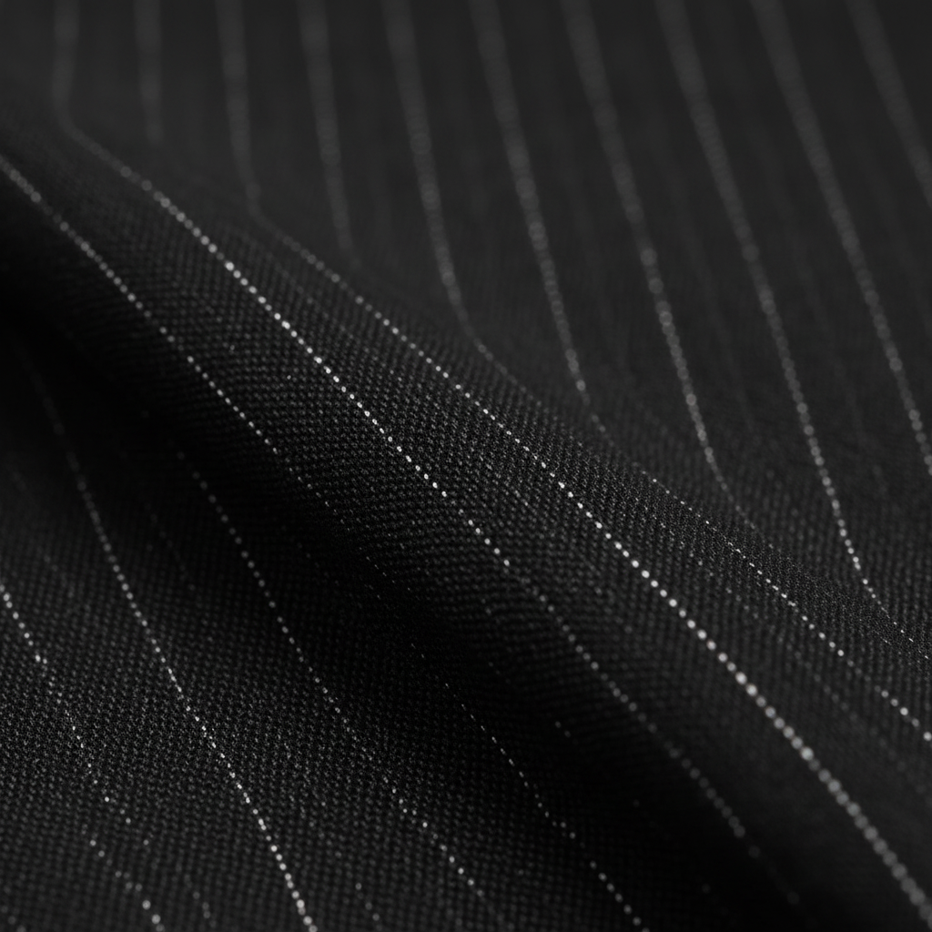 SABOO DB5200 charcoal pinstripe fabric close-up — fine silver pinstripe weave on dark luxury cloth