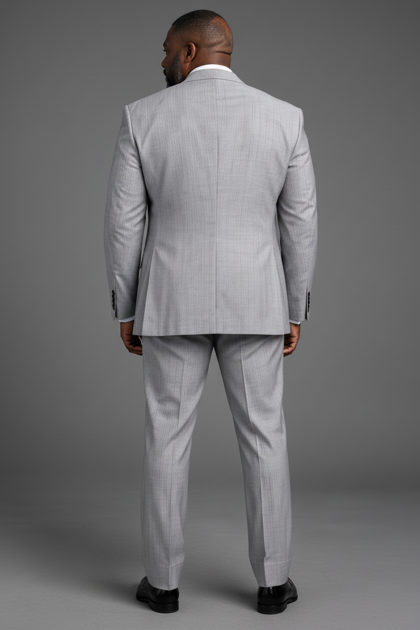 SABOO light grey pinstripe three-piece suit — rear back view showing jacket construction