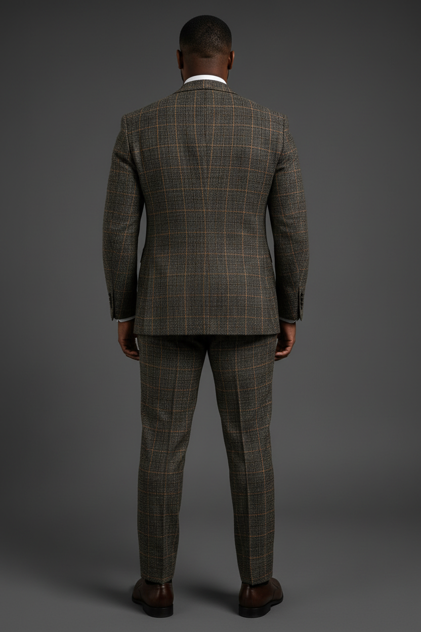 Saboo Olive Green Plaid 3-Piece Suit – Back View
