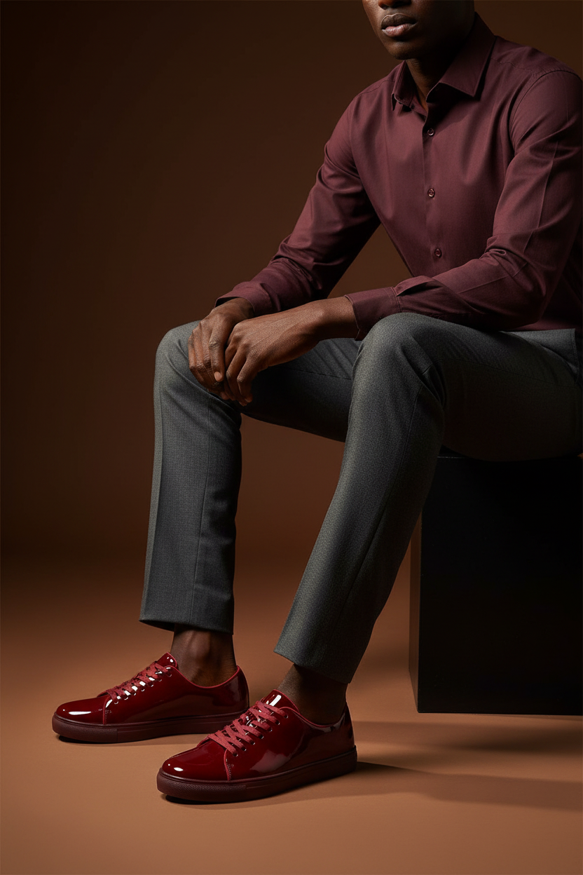 Man wearing Santino Luciano S441 solid burgundy patent leather sneaker with charcoal tailored trousers