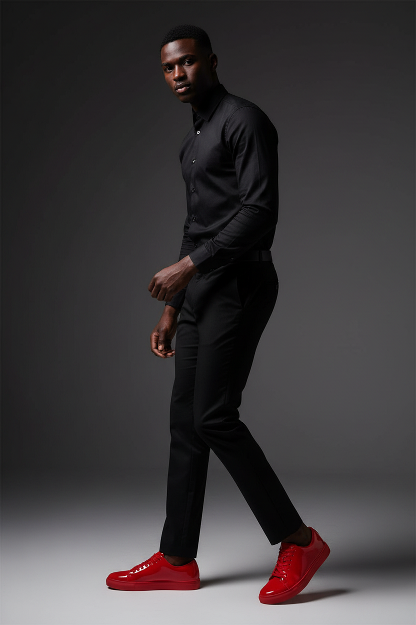 Man wearing Santino Luciano S441 solid red patent leather sneaker with black tailored trousers