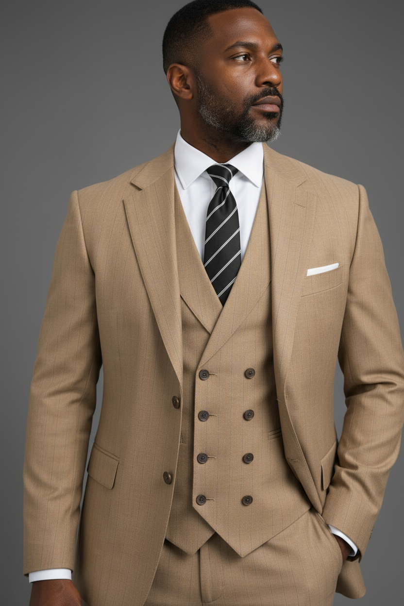 SABOO DB5200 camel suit — collar, peak lapels, and double-breasted waistcoat close-up detail
