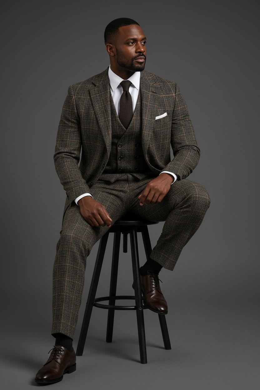 Saboo Olive Green Plaid 3-Piece Suit – Seated Lifestyle Shot