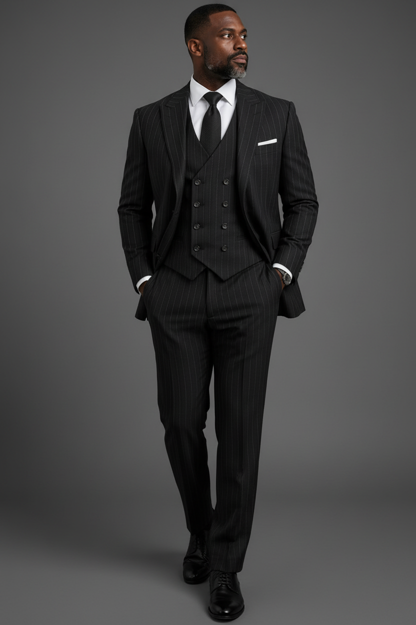 SABOO DB5200 charcoal black pinstripe suit — three-quarter walking editorial pose