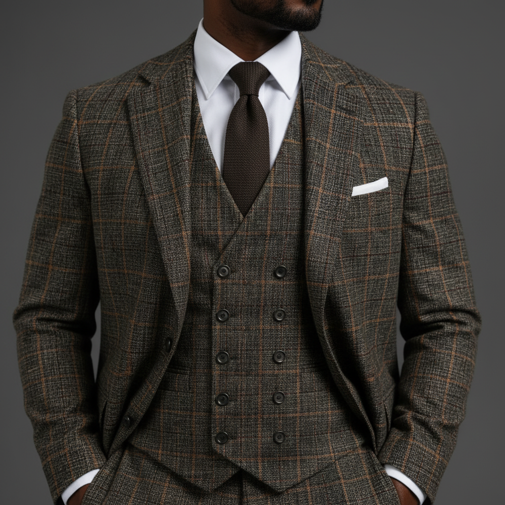 Saboo Olive Green Plaid 3-Piece Suit – Vest Button Detail