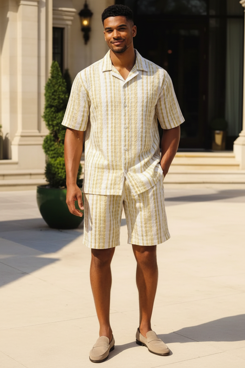 Stacy Adams 2pc Short Set 98002 in Tan — men's striped camp collar short set worn by model