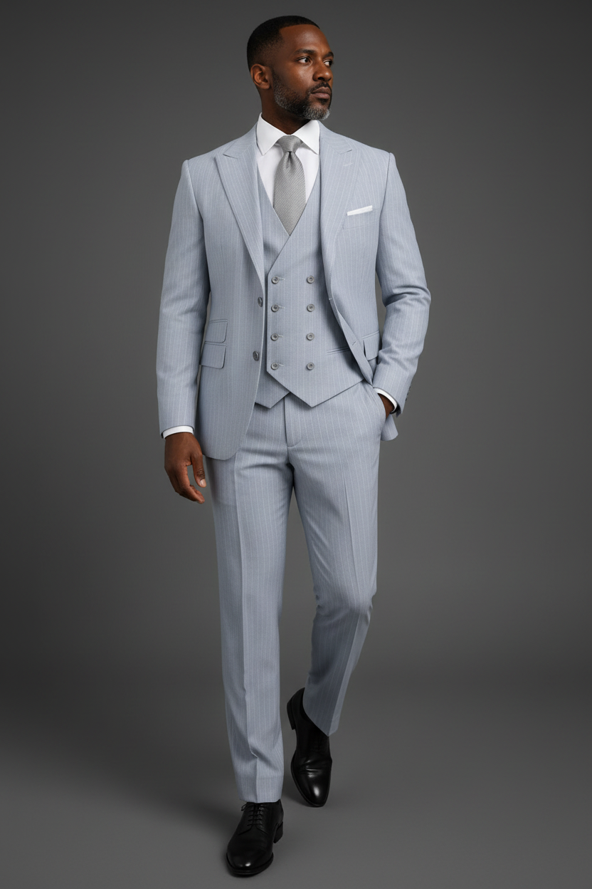 Saboo Ice Grey Pinstripe 3-Piece Suit – Three-Quarter Walking View