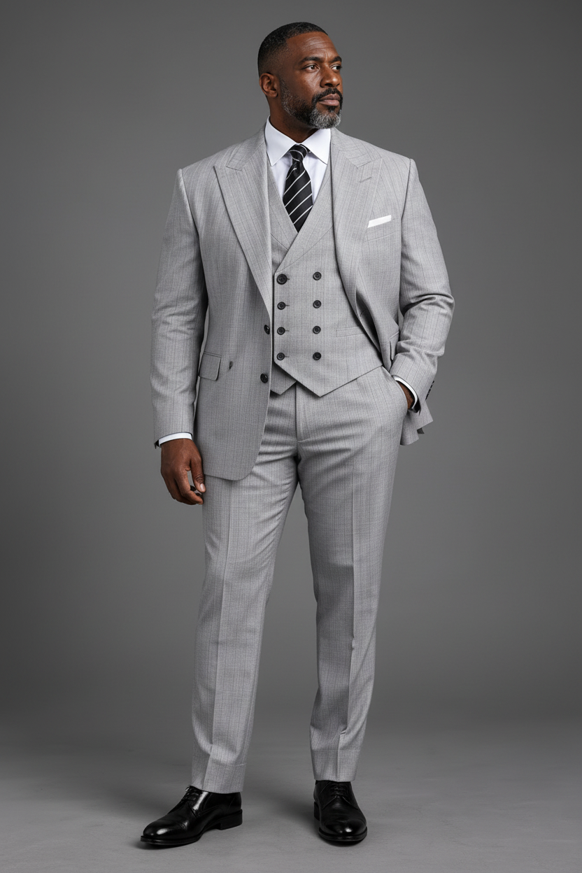 SABOO light grey pinstripe three-piece suit — full body front-facing editorial shot