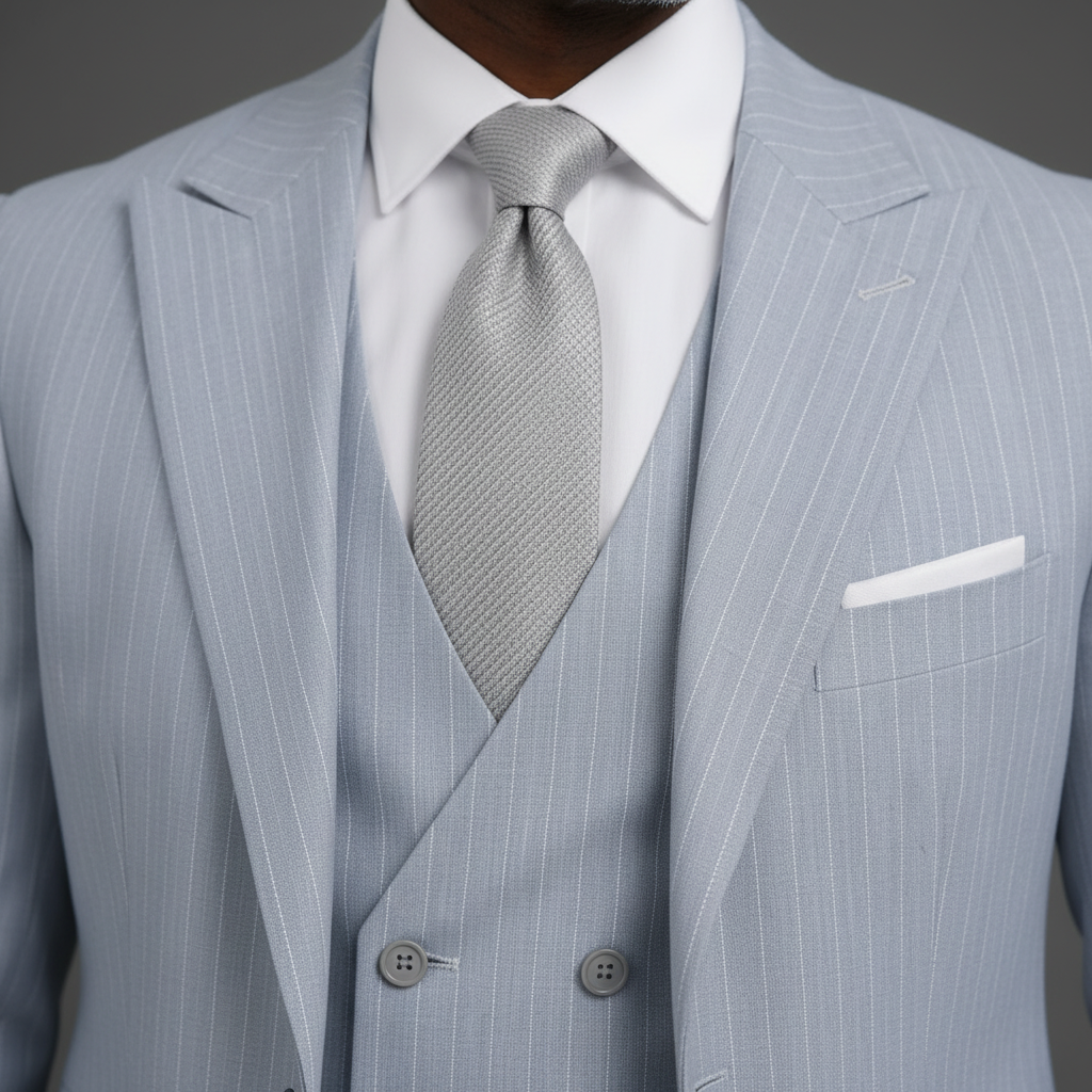 Saboo Ice Grey Pinstripe 3-Piece Suit – Double-Breasted Vest Detail