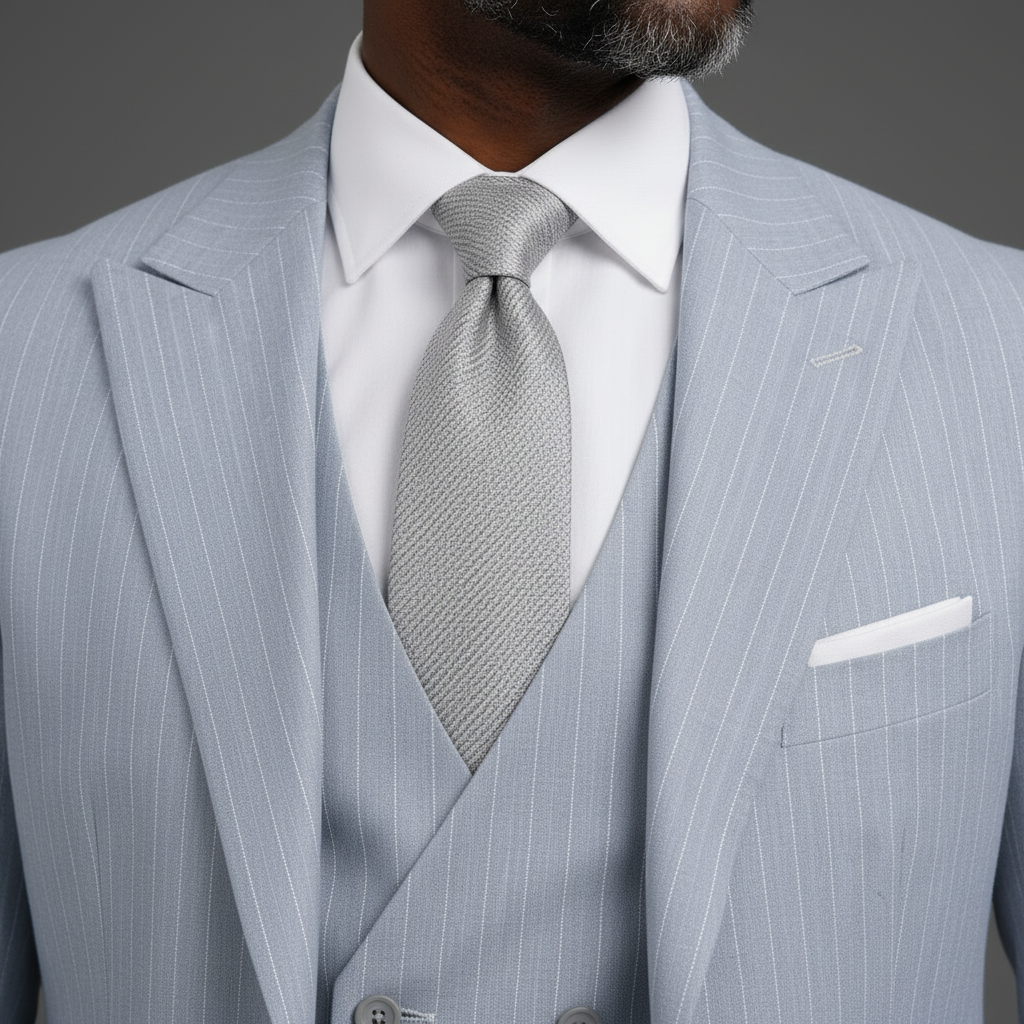 Saboo Ice Grey Pinstripe 3-Piece Suit – Collar, Tie and Pocket Square Detail