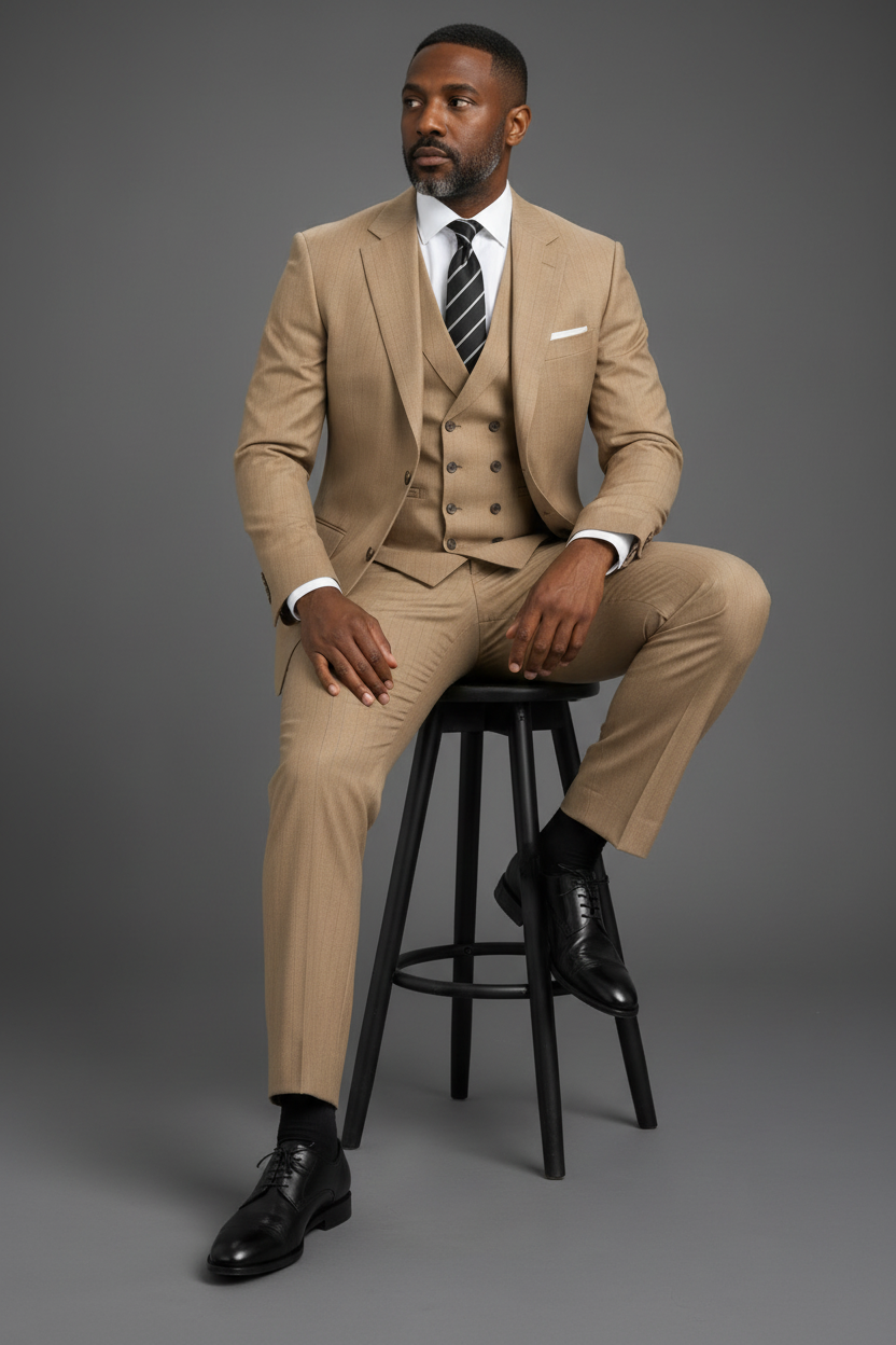 SABOO DB5200 camel tan pinstripe suit — model seated on stool, relaxed editorial pose