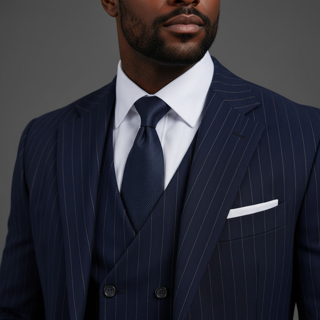 Saboo Navy Pinstripe 3-Piece Suit – Collar, Tie and Pocket Square Detail