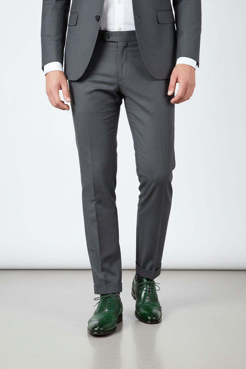 Male model wearing Giovanni Joel Blue patterned leather brogue dress shoes with a light grey suit