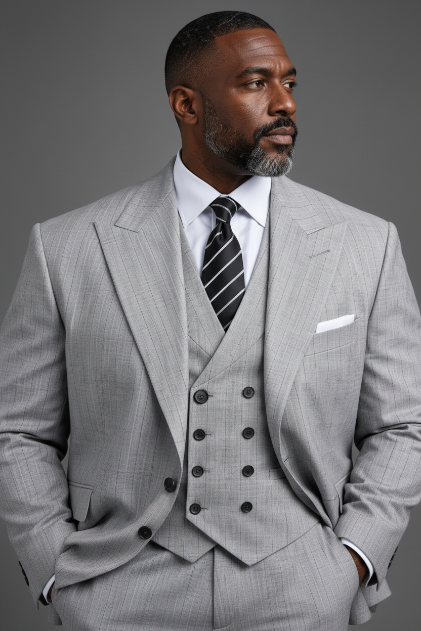 SABOO light grey pinstripe suit — upper body three-quarter angle, peak lapels and double-breasted waistcoat detail