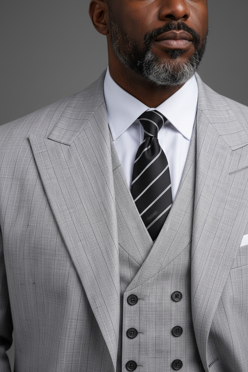 SABOO light grey pinstripe suit — face and collar close-up showing peak lapels and striped tie