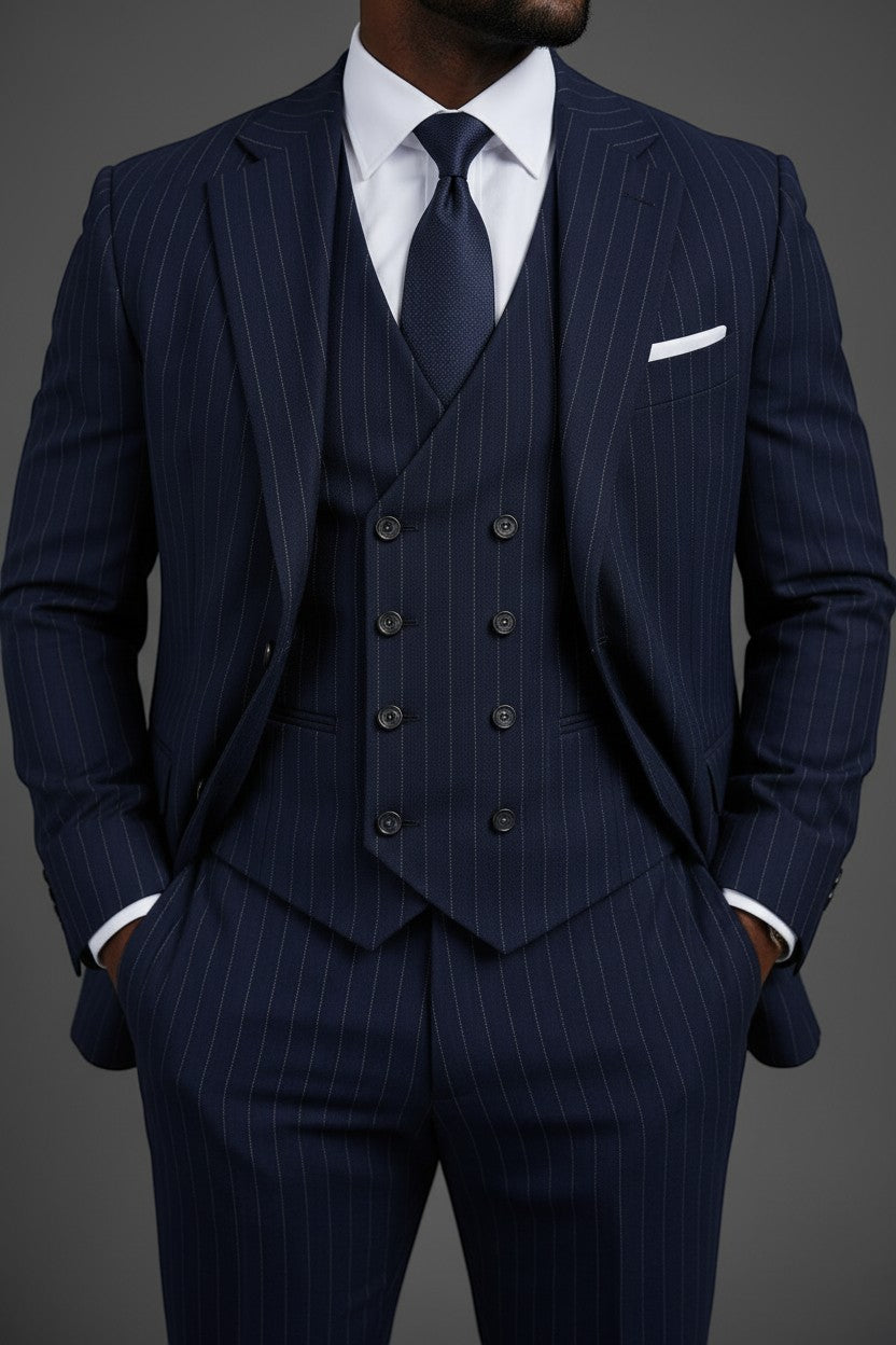 Saboo Navy Pinstripe 3-Piece Suit – Vest and Jacket Detail