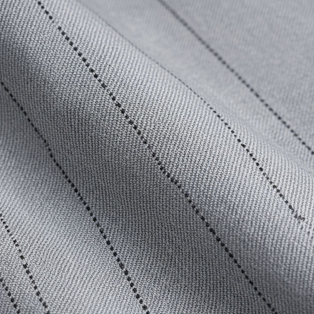 SABOO luxury cloth fabric close-up — light grey pinstripe herringbone weave texture detail