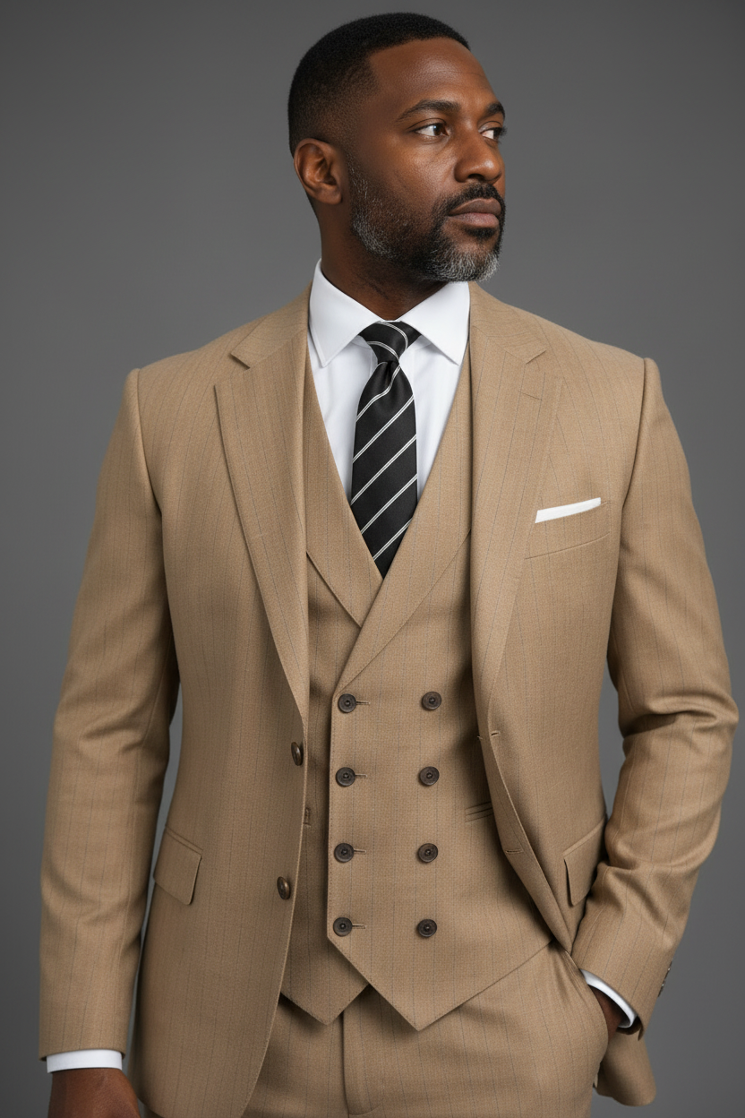 SABOO DB5200 camel suit — upper body angle showing peak lapels and double-breasted waistcoat