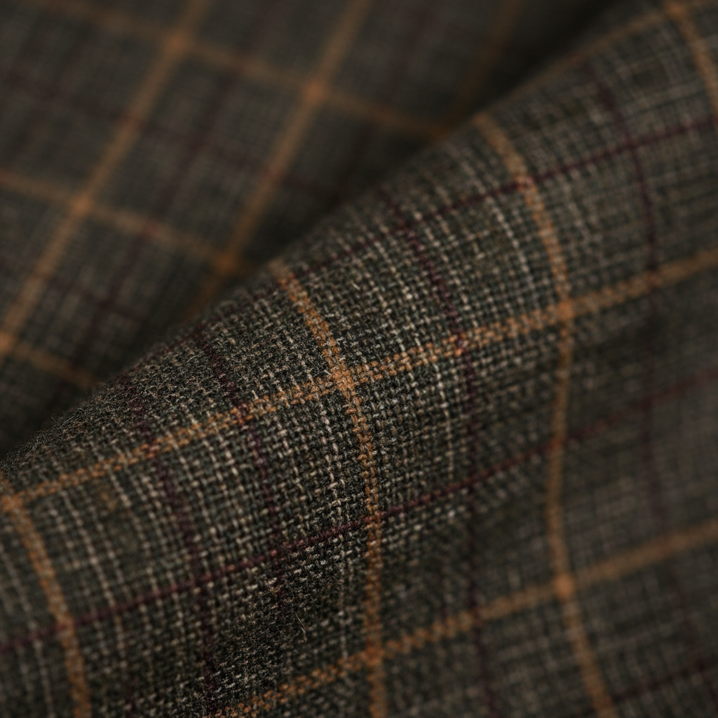Saboo Olive Green Plaid Suit – Premium Wool Fabric Texture Close-Up