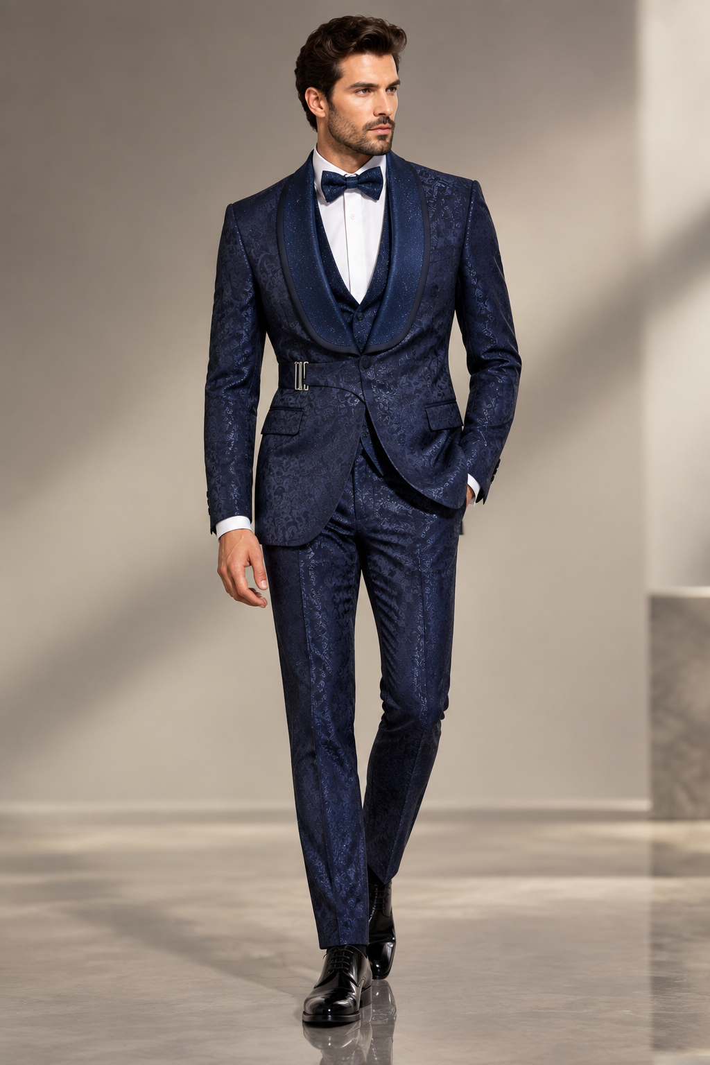 Masculini 4-Piece Patterned Tuxedo Style 4101 - Navy floral jacquard with satin shawl lapel and bow tie
