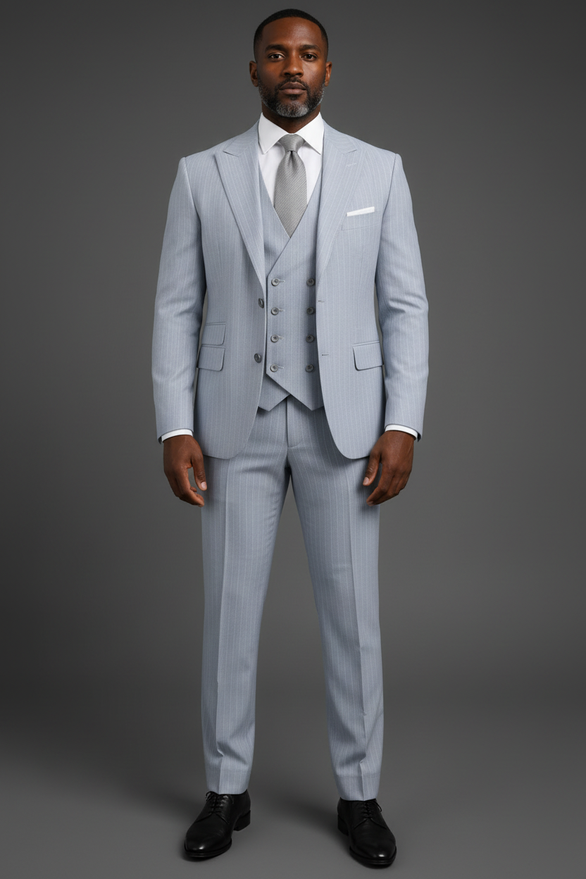 Saboo Ice Grey Pinstripe 3-Piece Suit – Full Front Standing View