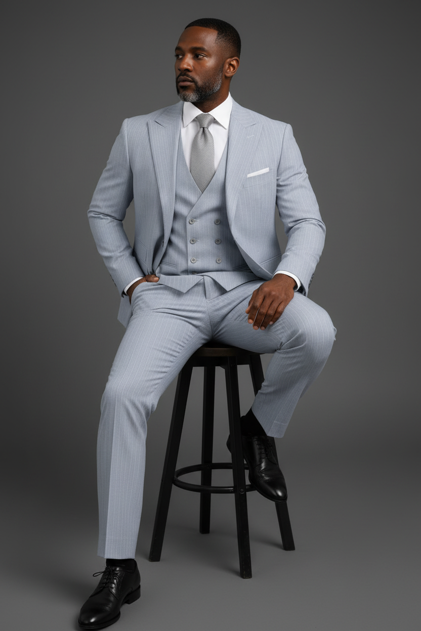 Saboo Ice Grey Pinstripe 3-Piece Suit – Seated Lifestyle Shot