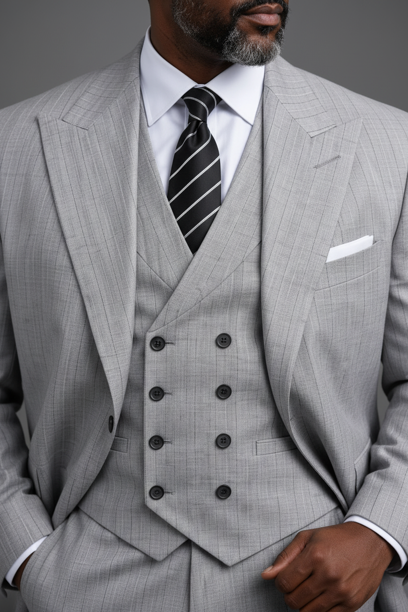 SABOO luxury suit double-breasted waistcoat close-up — dark buttons, pinstripe fabric, white pocket square