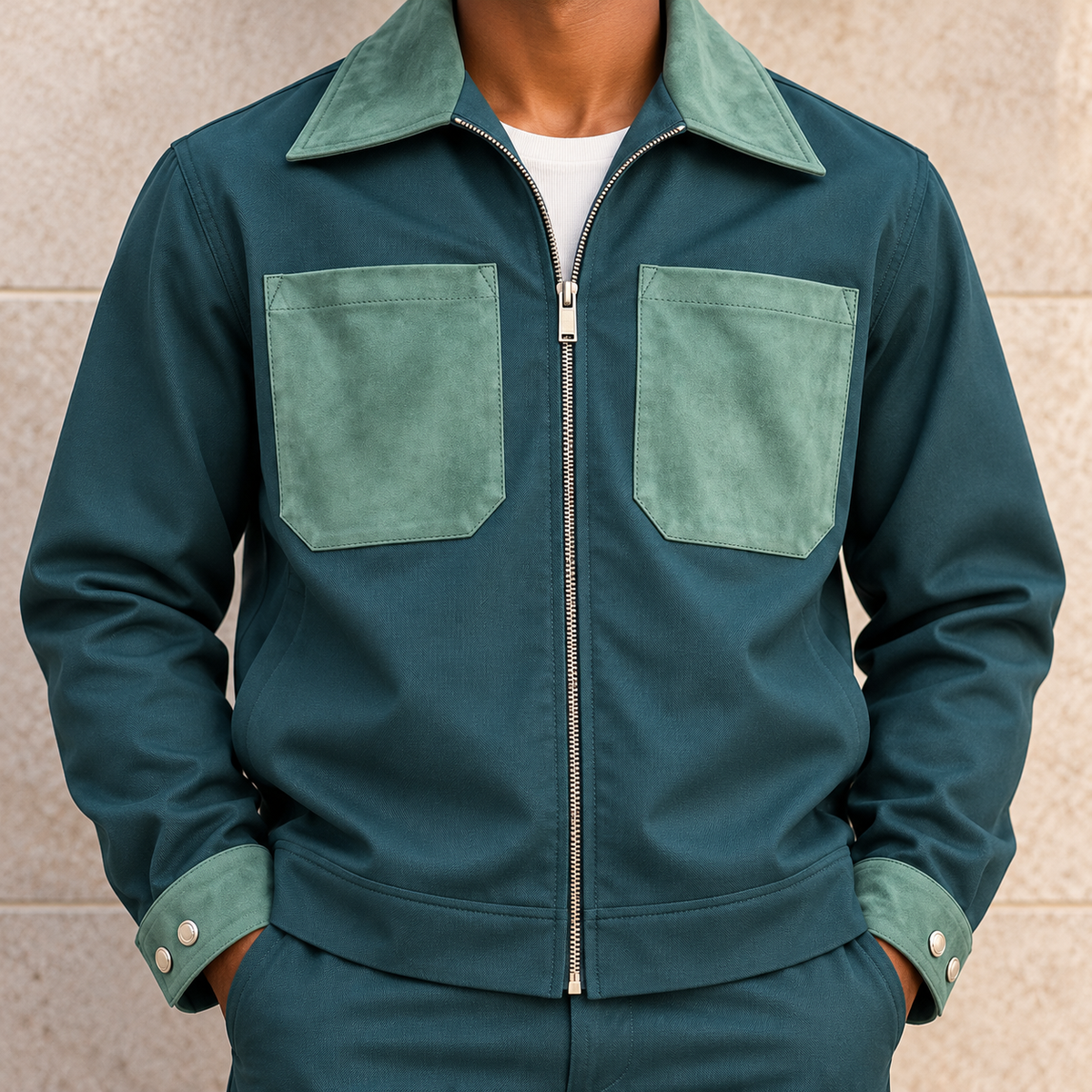 INSOMNIA Blue Label hunter green contrasting collar and chest pocket close-up