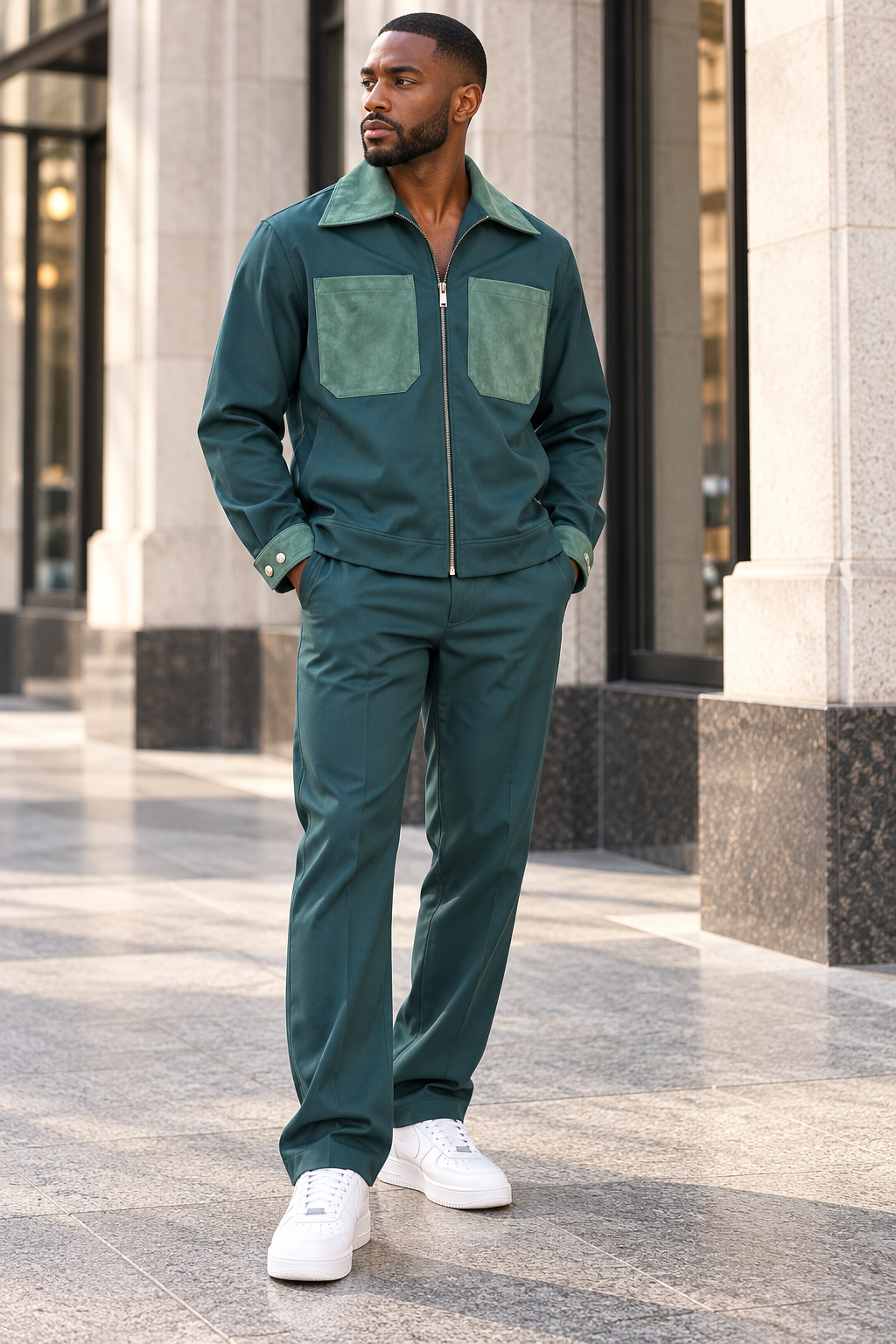 INSOMNIA Blue Label hunter green 2pc jacket and pants set - full model view