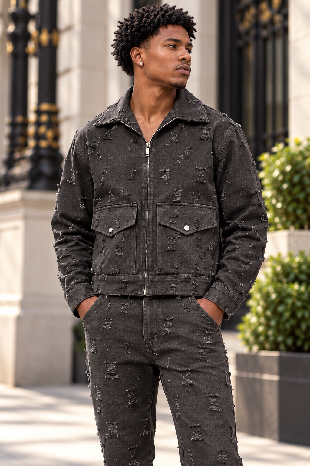 INSOMNIA Miami black distressed denim 2pc set three-quarter view