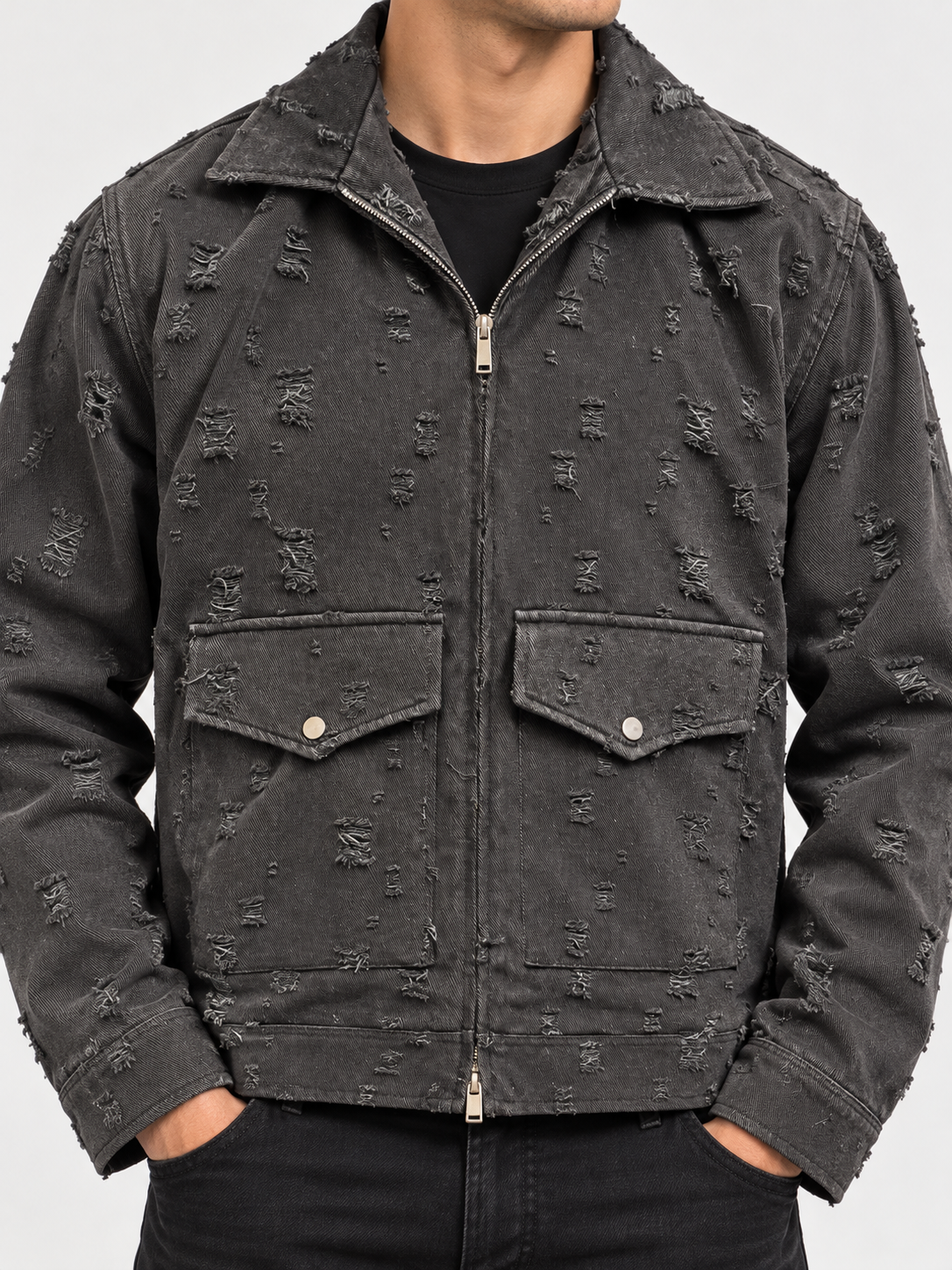 INSOMNIA Miami black distressed denim zip jacket flap pocket detail