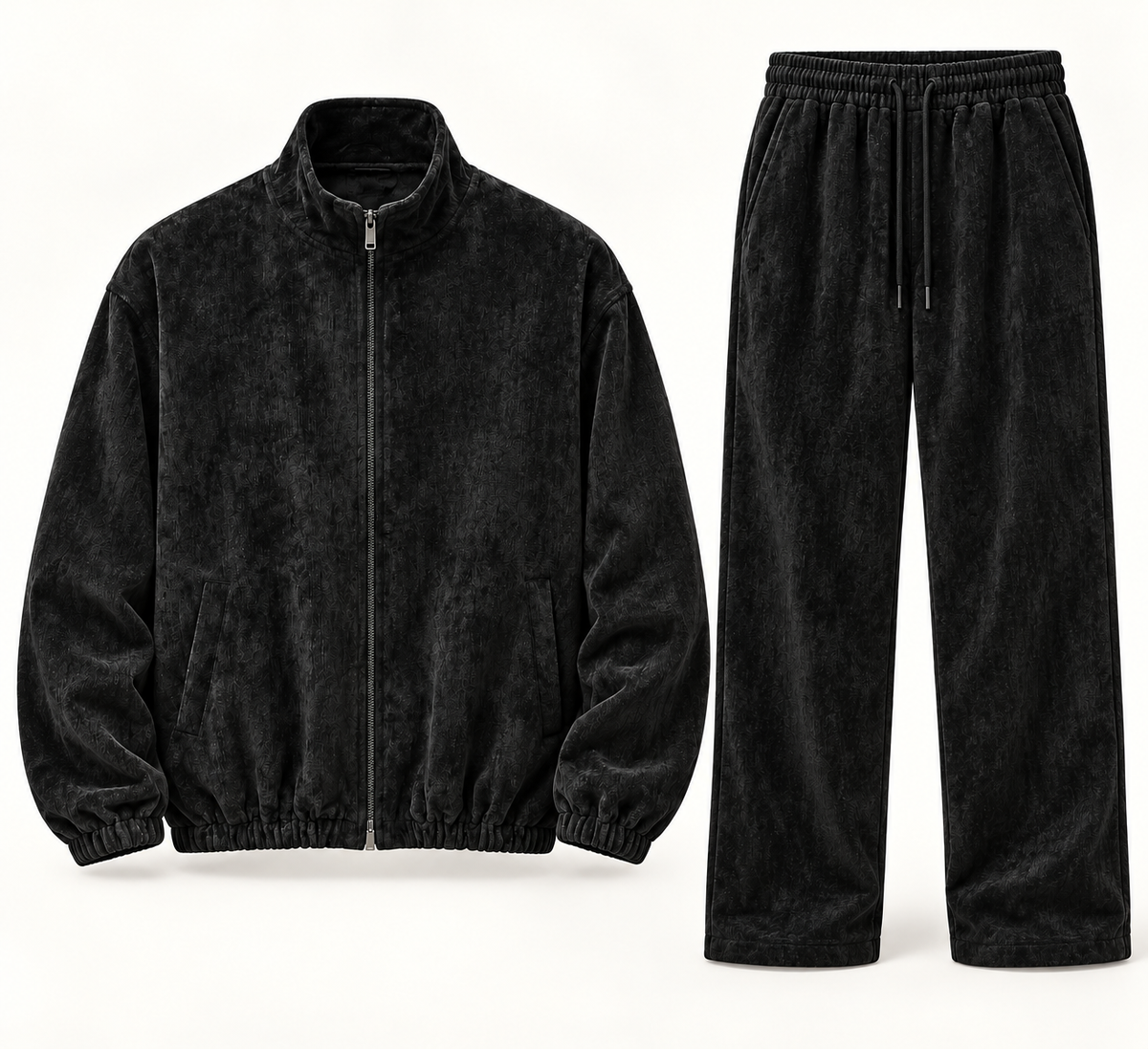 Insomnia Gold Label deep Black textured 2pc zip-front jacket and matching trousers full front product view
