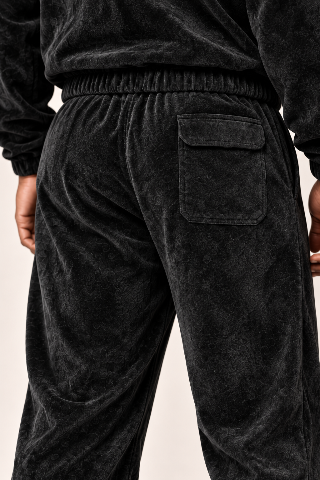 Insomnia Gold Label Black pants close-up of flap patch pocket correctly placed on right rear seat