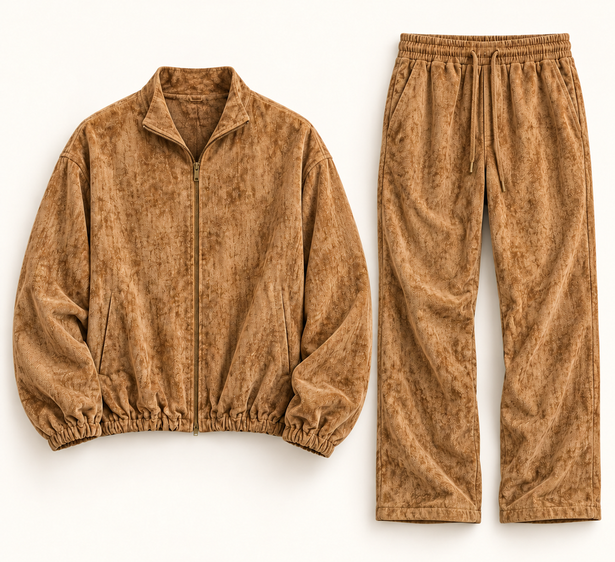 Insomnia Gold Label warm Brown textured 2pc zip-front jacket and matching trousers full front product view
