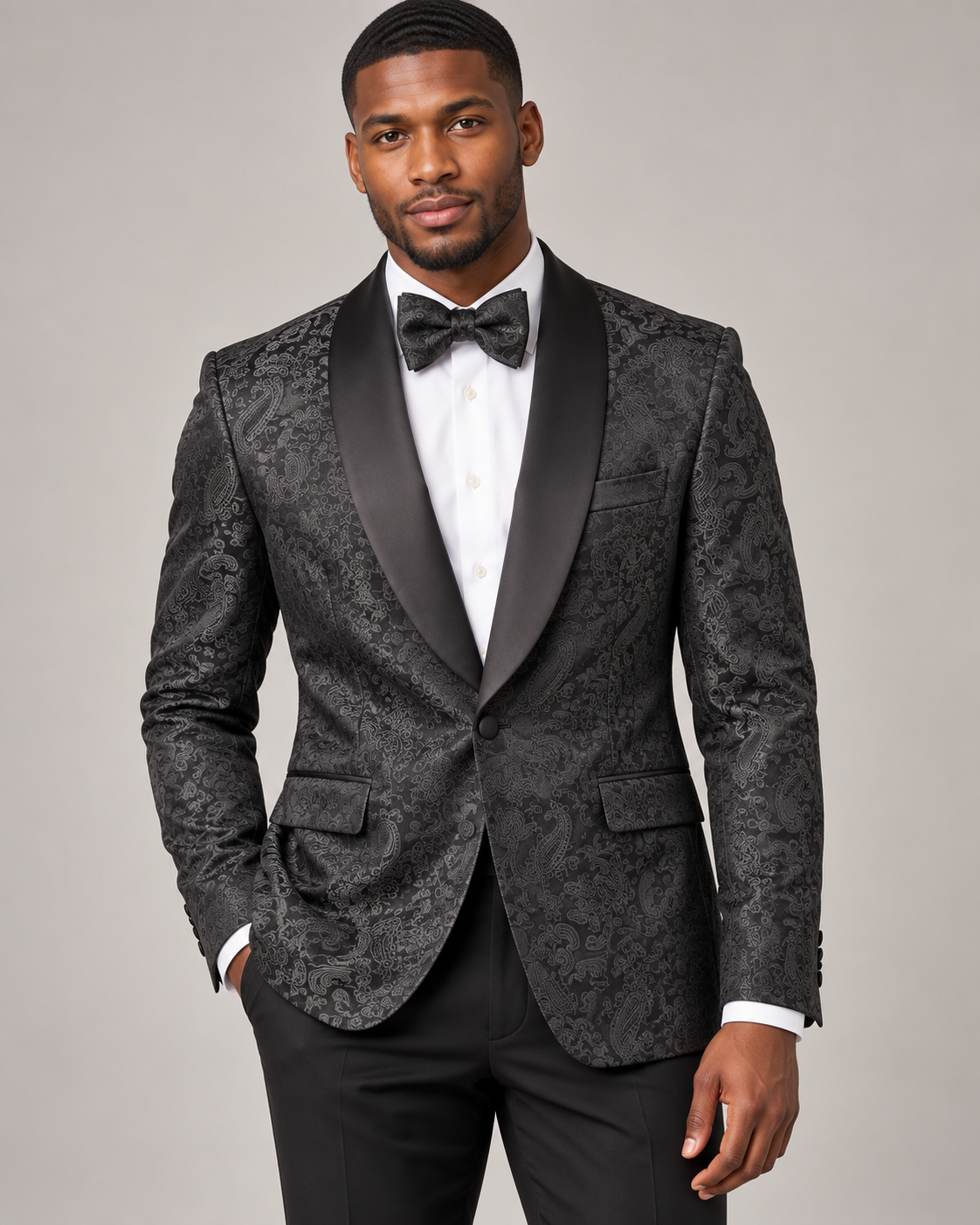Maenza J-2103S Black paisley jacket and matching bow tie on model