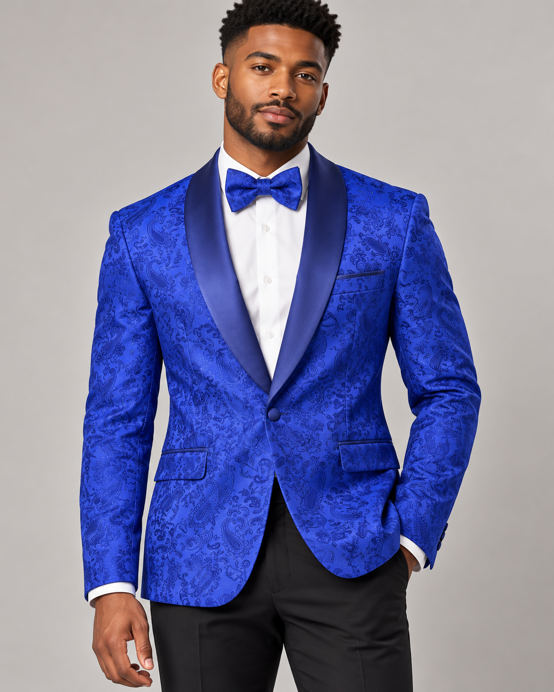 Maenza J-2103S Navy paisley jacket and matching bow tie on model
