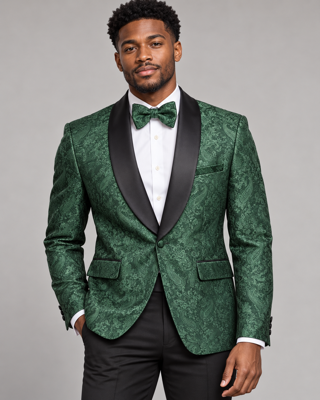 Maenza J-2103S Forest Green paisley jacket and matching bow tie on model